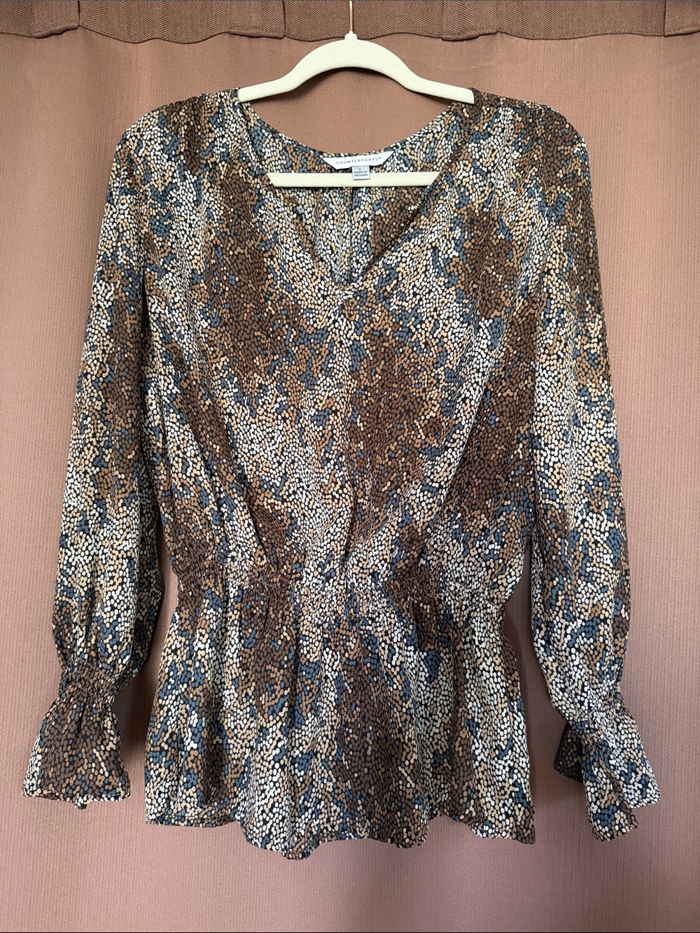 Counterparts Brown and Blue Dot-Print V-Neck Peplum Blouse